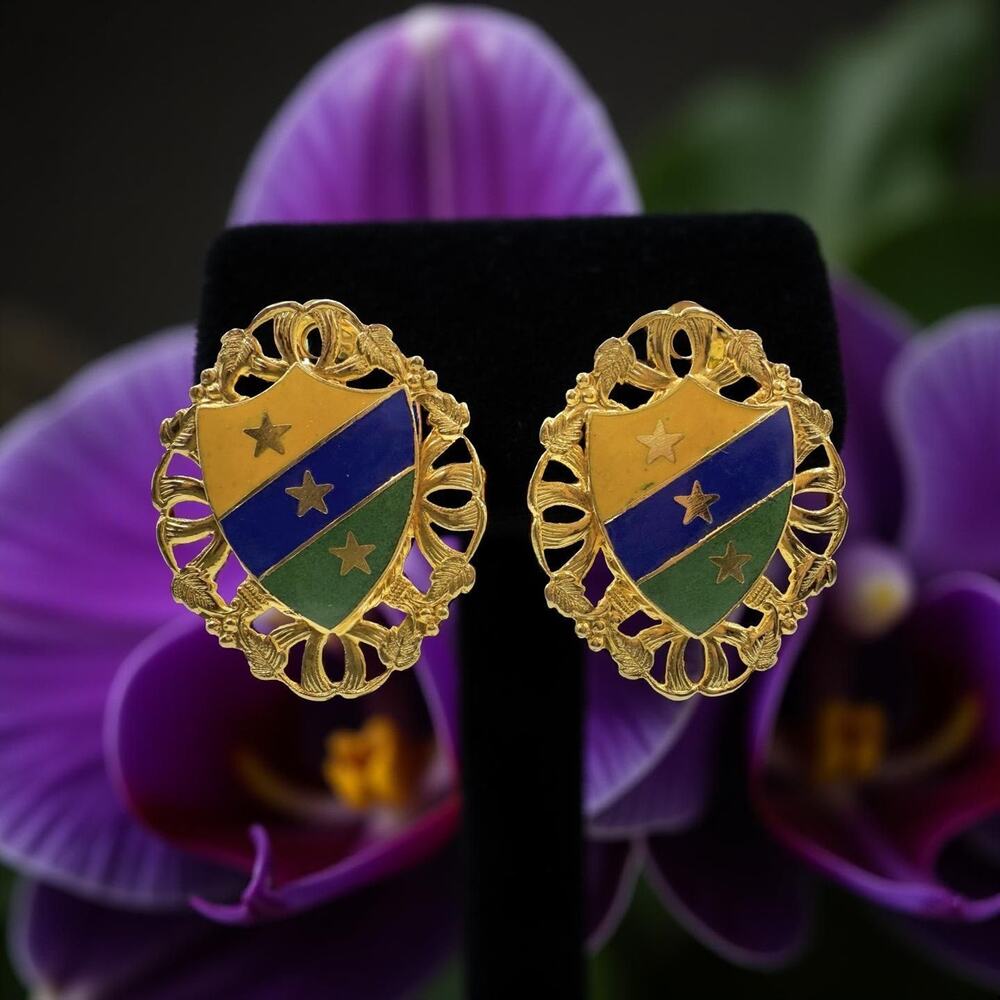 Vintage Heraldic Crest Enamel Shield Clip On Earrings Gold Tone